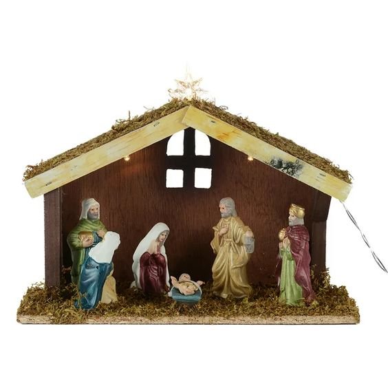 Holiday Time 8-Piece Battery Operated Porcelain Nativity Scene with Lighted Wooden Stable with 3 