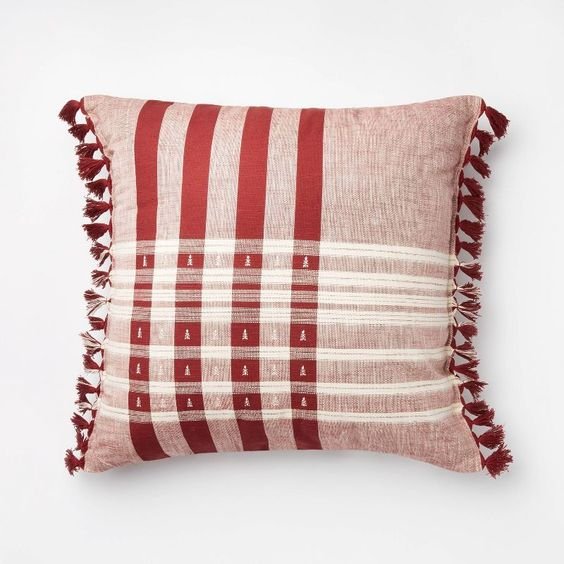 Oversized Woven Plaid with Mini Trees Square Throw Pillow Red/Cream - Threshold™ designed with 