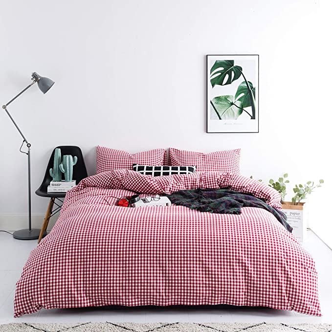 Amazon.com: SUSYBAO Red Gingham Duvet Cover Queen 100% Washed Cotton Farmhouse Plaid Duvet Cover ...