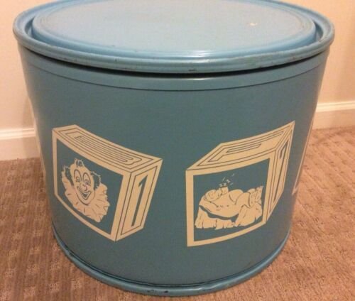 Vintage Toy Chest Drum Storage Box Canister Barrel Animal Blocks Blue Round | eBay