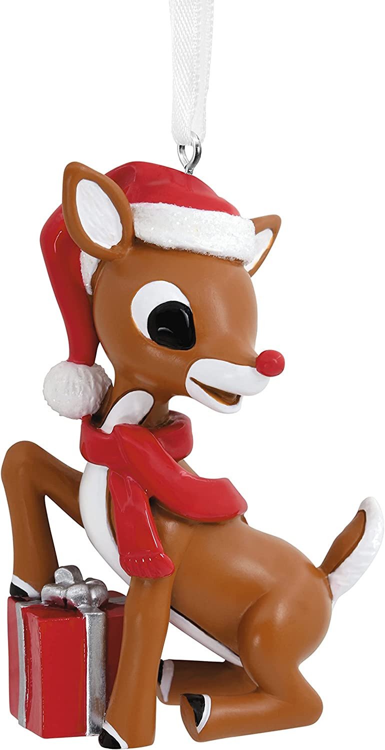 Hallmark Rudolph The Red-Nosed Reindeer in Santa Hat with Present Christmas Ornament