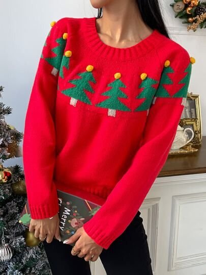 Christmas Tree Pattern Pom Pom Detail Raglan Sleeve Sweater