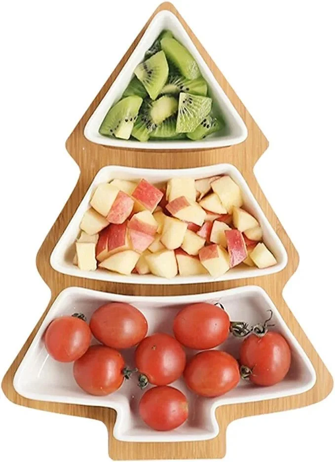 Loticy White Tree Plates Chip &amp; Dip Set, 11 Inches Ceramic Snack Plate with Bamboo Tray, Removabl...