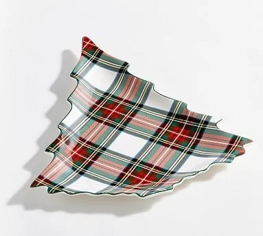 Stewart Plaid Holiday Tree Shaped Stoneware Serving Platter | Pottery Bar