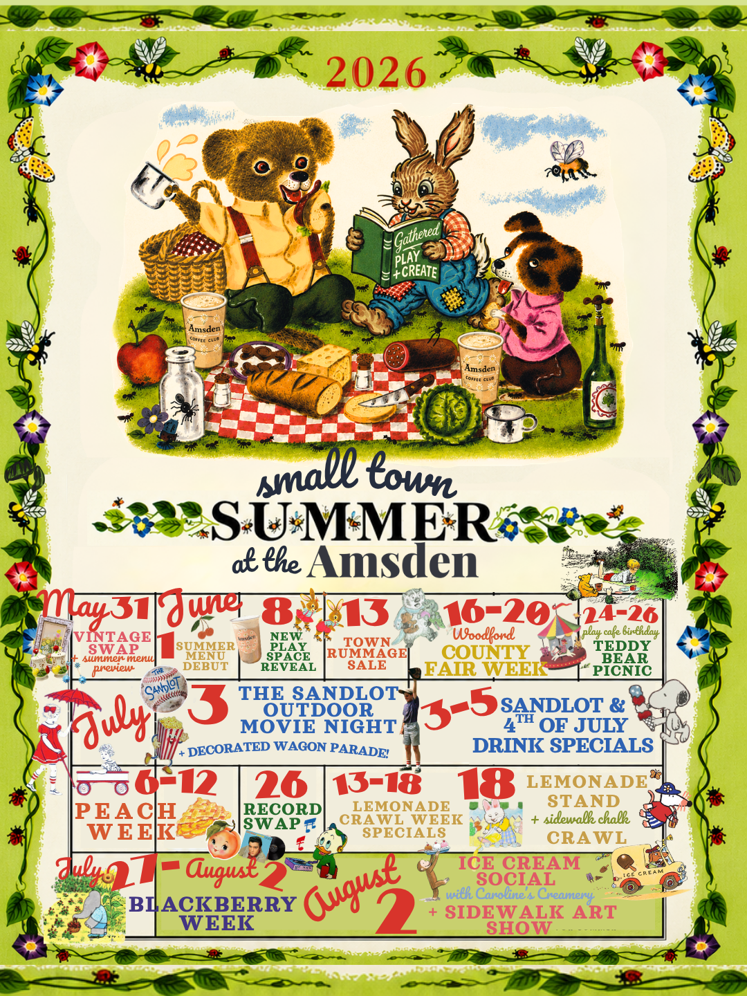 2026 summer events at the Amsden, small town summer, coffee shop, vintage summer, nostalgia