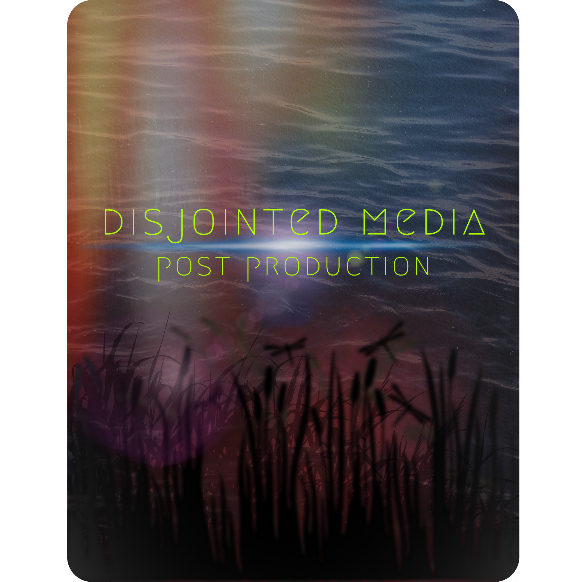 A cover of a media production titled 'Disjointed Media Post Production' with a background of a water surface and silhouettes of grass at the bottom.