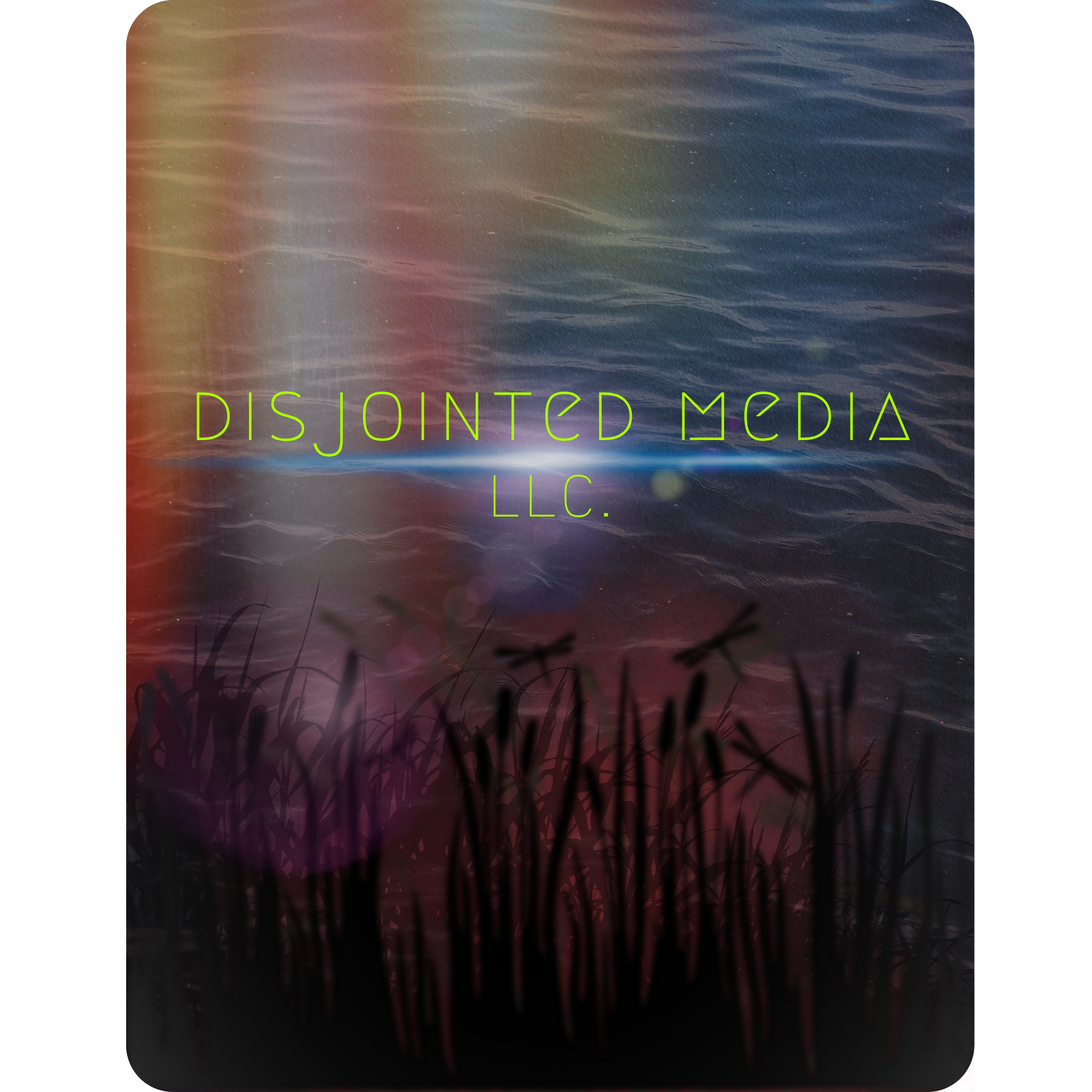 A blurred and darkened image of grass near a water body with reflected sky and trees at sunset or sunrise, with colorful light effects.