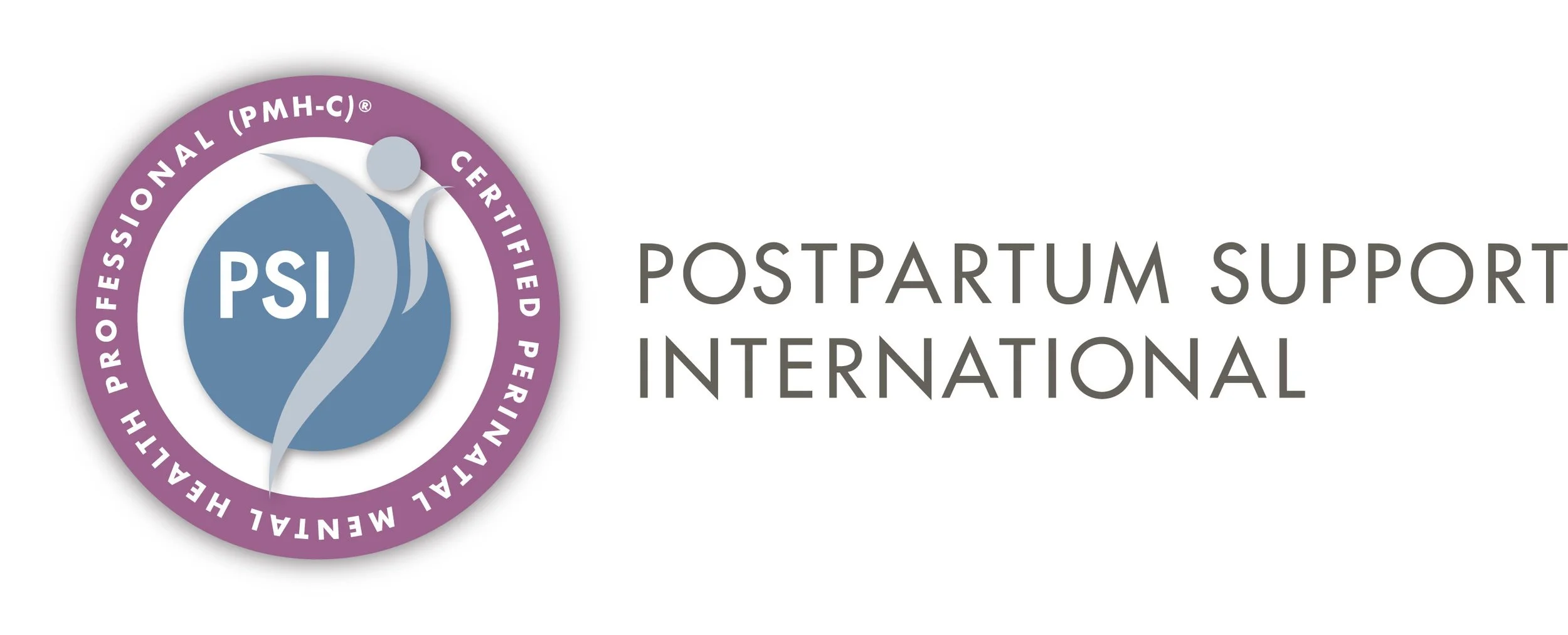 Logo of Postpartum Support International, featuring a purple circle with a stylized human figure, and the text 'PSI' inside a blue circle. To the right, the words 'Postpartum Support International' are written in gray font.