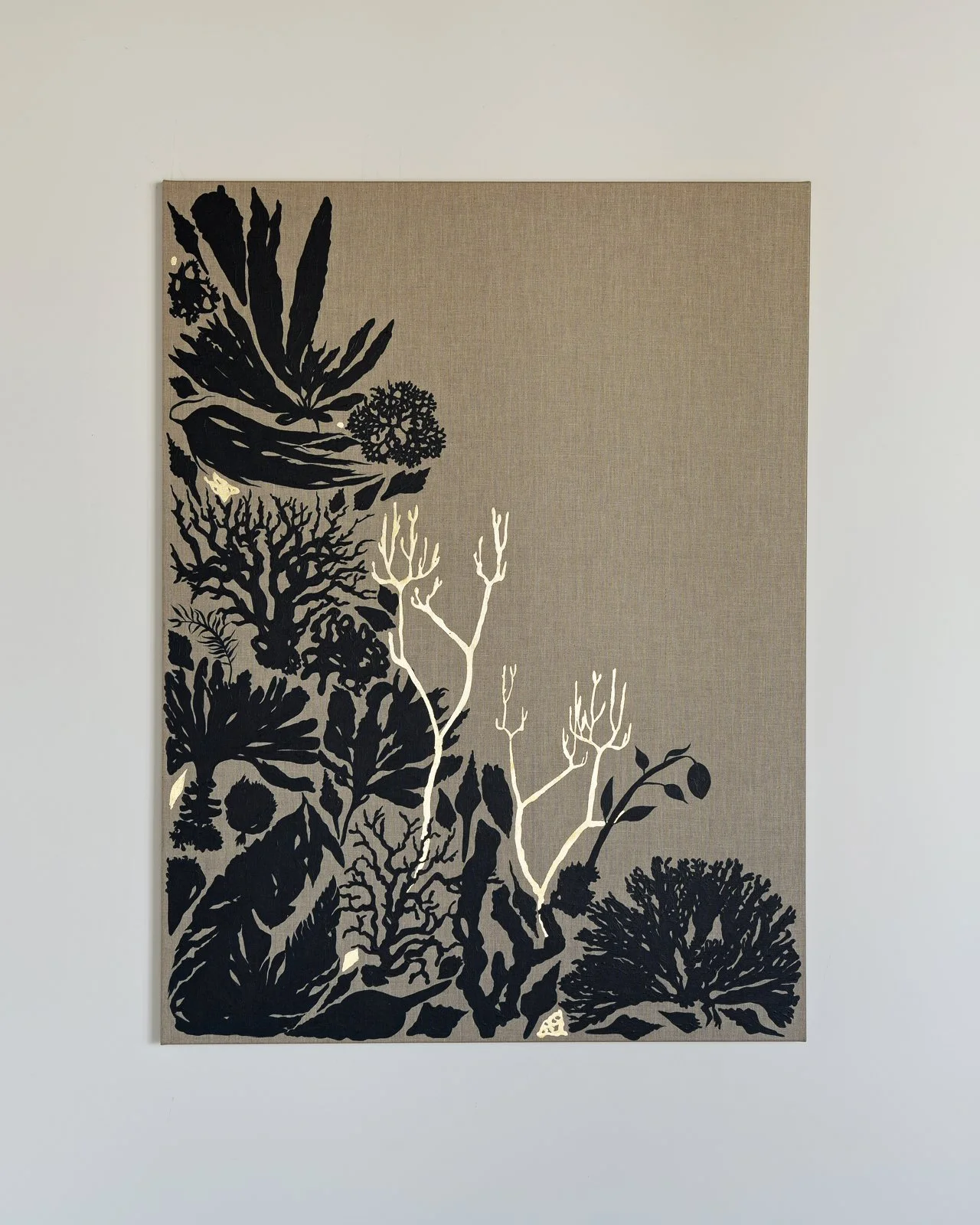 Marinero Jardín, Triptych, Acrylic and Gold leaf on Linen, 2026. Each piece measures 36 x 48 x 1.5 inches. Available at Samuel Owen Gallery.