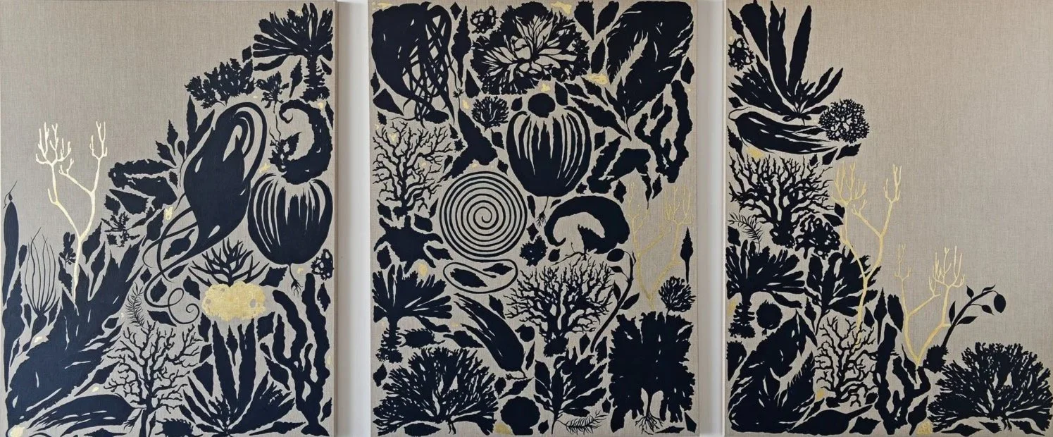 Marinero Jardín (triptych), 2026, Acrylic and gold leaf on linen x 3, 36”x48”x1 1/2”, Samuel Owens Gallery