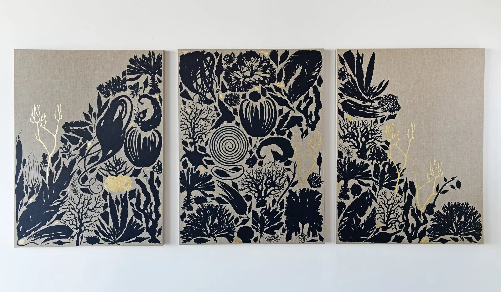 Marinero Jardín, Triptych, Acrylic and Gold leaf on Linen, 2026. Each piece measures 36 x 48 x 1.5 inches. Available at Samuel Owen Gallery 