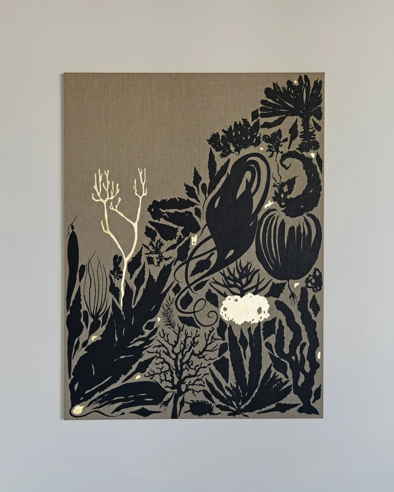 Marinero Jardín, Triptych, Acrylic and Gold leaf on Linen, 2026. Each piece measures 36 x 48 x 1.5 inches. Available at Samuel Owen Gallery.