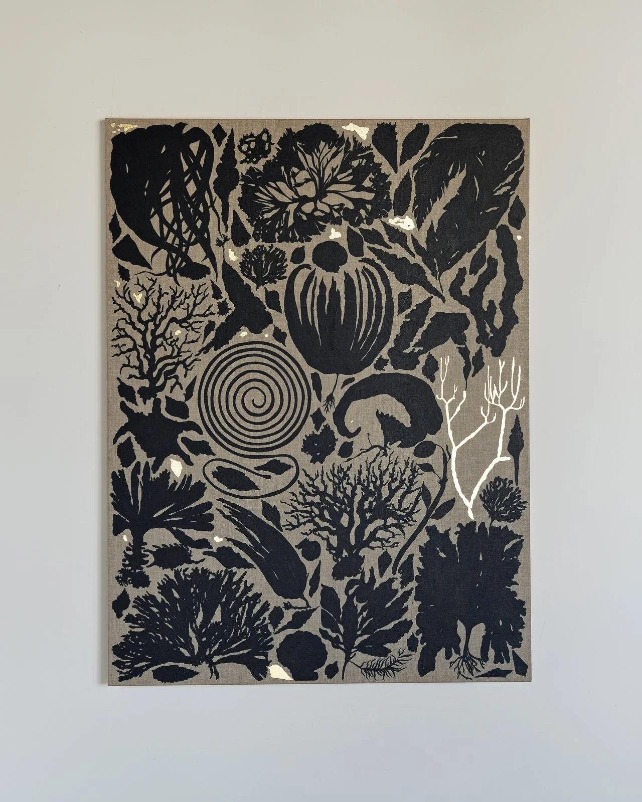 Marinero Jardín, Triptych, Acrylic and Gold leaf on Linen, 2026. Each piece measures 36 x 48 x 1.5 inches. Available at Samuel Owen Gallery.