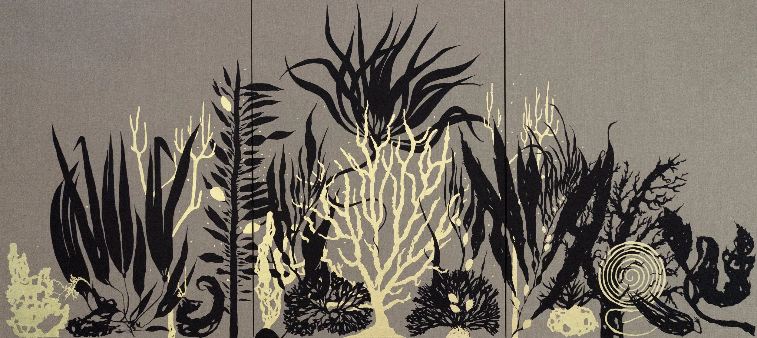 Garden of Depth (triptych), 2026
Acrylic and gold leaf on linen
48" x 108", three panels at 48" x 36" each, Lisa Sette Gallery