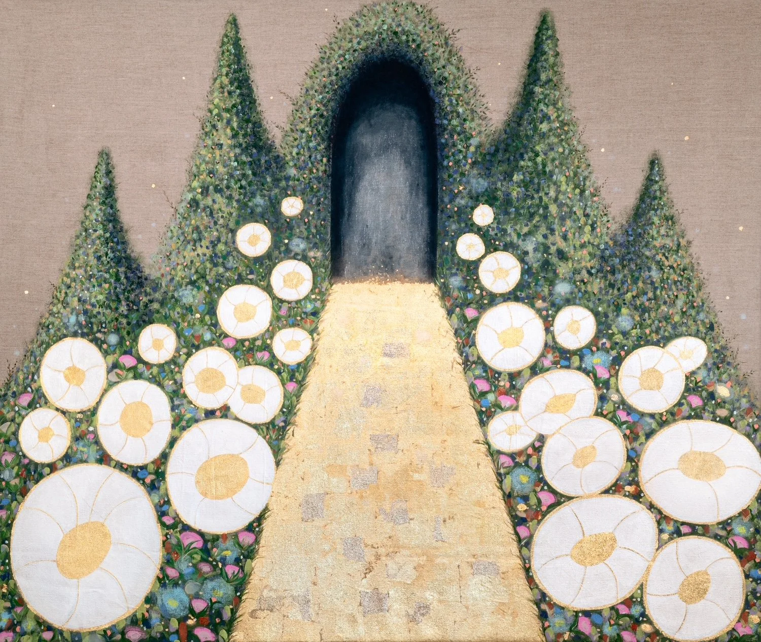 “The Pleasure of Becoming “
96 x 108” Acrylic & gold leaf on linen 2026