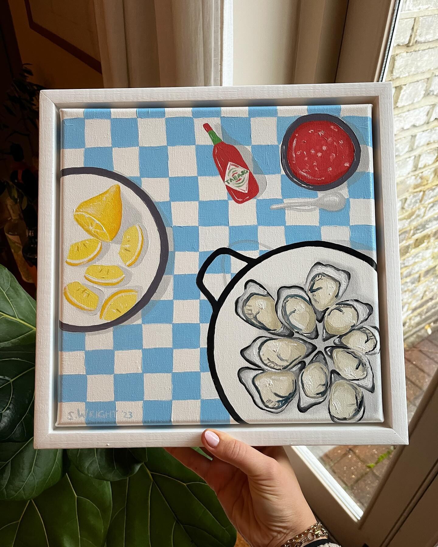 My last commission of 2023 - some more oysters, lemon, Tabasco and vinaigrette 🦪 🍋 #commission #oysters #oilpainting #tabasco