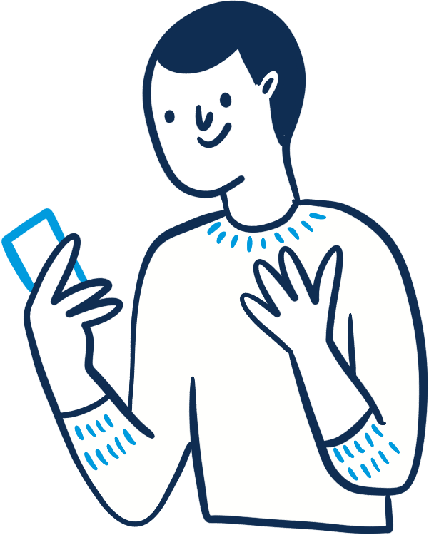 Illustration of a person looking at a smartphone with a happy expression, hand on chest.