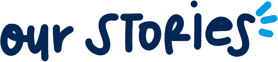 Logo with the words "our STORIES" in navy blue letters and a small teal accent on the letter "s".