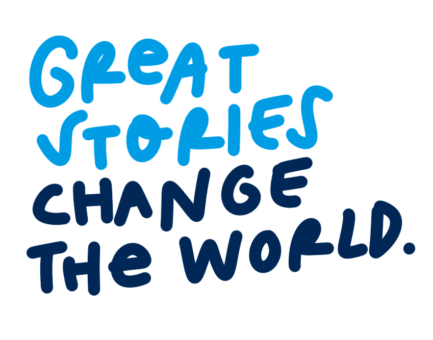 Text saying 'Great stories change the world' with decorative lines around it.