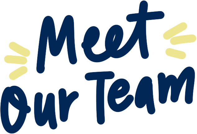 Text reading 'Meet Our Team' in dark blue, surrounded by yellow abstract lines on a black background.