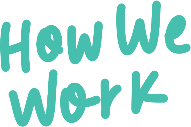 Text reading 'How We Work' in turquoise, casual handwritten font on a plain background.