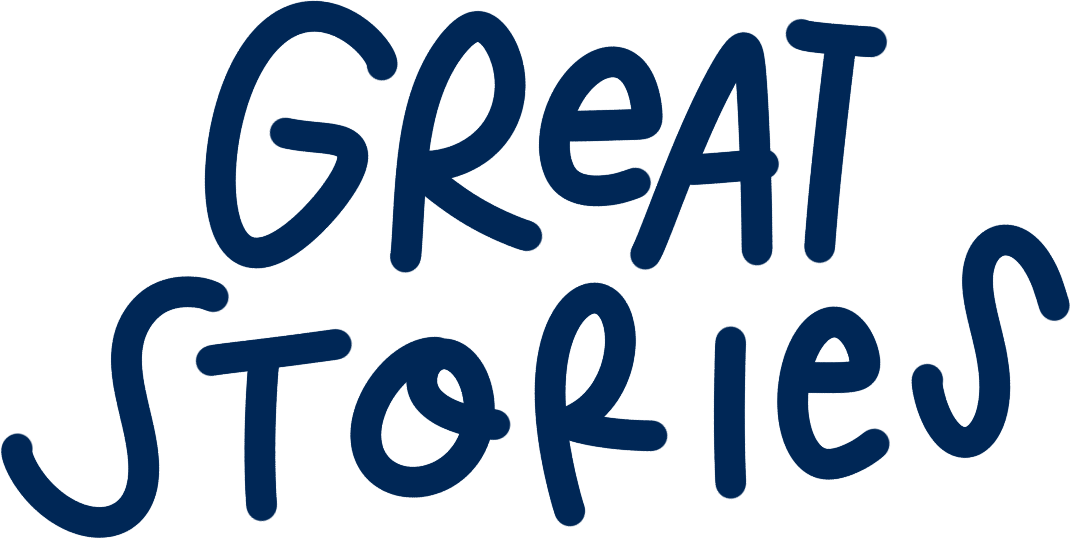Illustrated text that says "GREAT STORIES" in large, dark blue letters on a transparent background.