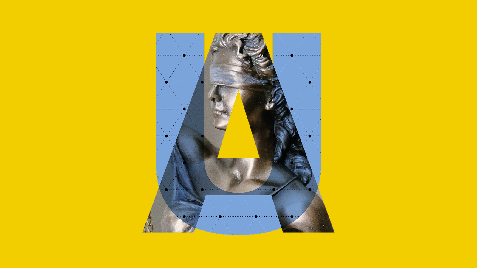 A large yellow background with a stylized letter 'A' in the center, featuring an artistic photo of a classical sculpture of a woman with a blindfold and blue geometric patterns.