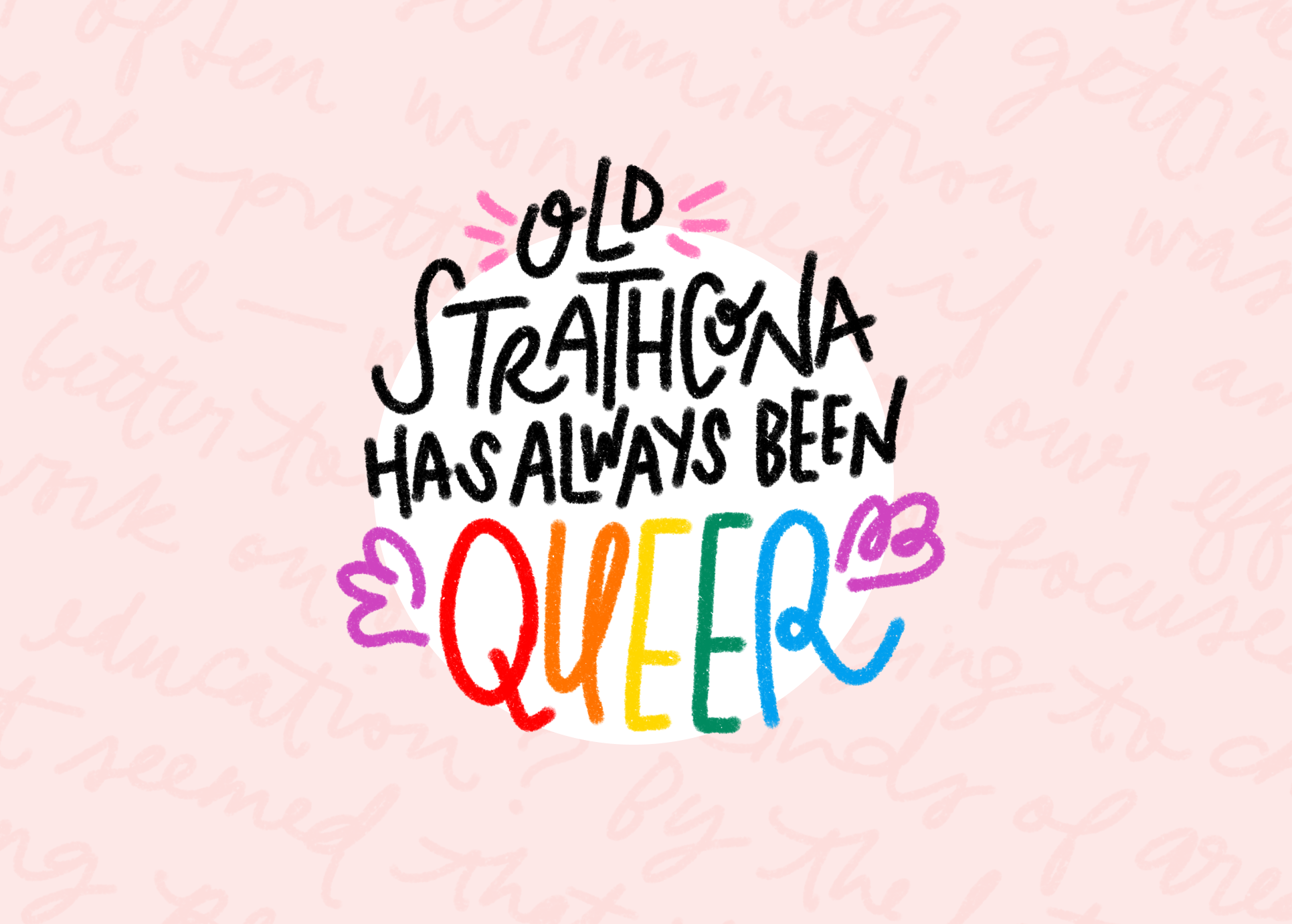 Colorful handwritten words as part of a message about aging and celebrating diversity, with pink and white background with repeated light pink script.