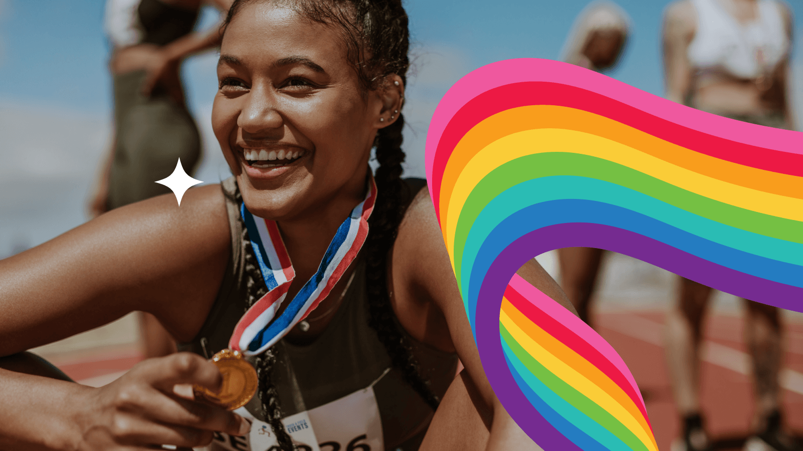 Smiling female athlete holding a bronze medal at a track and field event on a sunny day, with a colorful rainbow graphic overlay.