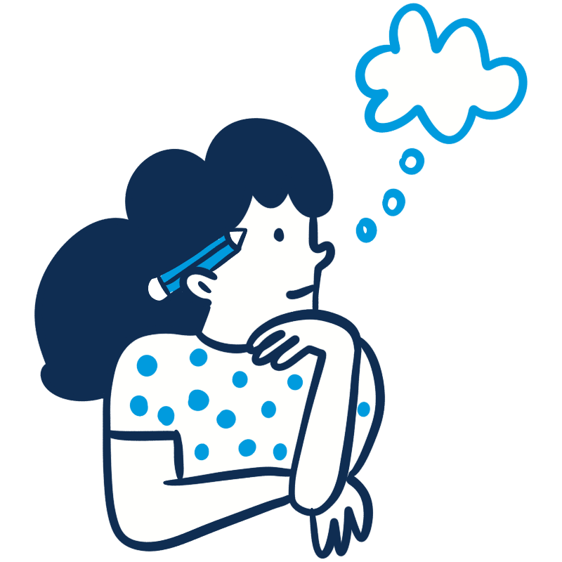 Illustration of a woman with dark hair, wearing a polka-dot shirt, holding her chin with one hand and a pencil in her hair, with a thought bubble above her head.