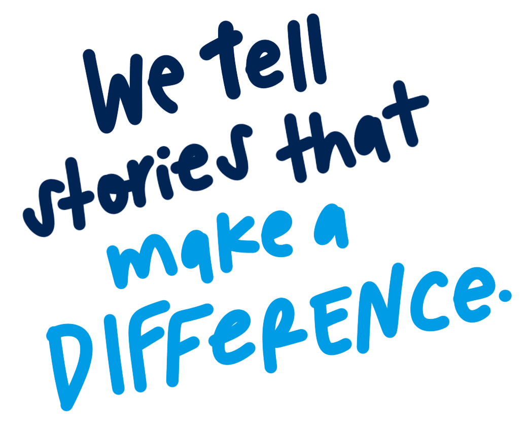 Text saying 'We tell stories that make a differenc' with the word 'difference' highlighted in bright blue and the rest of the text in dark blue on a black background.