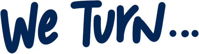 Text reading 'we turn...' in dark blue font.