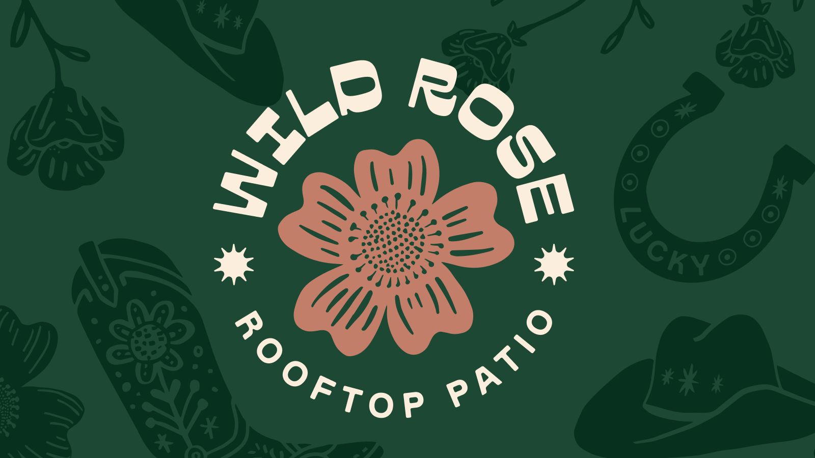 Logo with a brown flower in the center, surrounded by the text 'White Rose Rooftop Patio' on a dark green background featuring floral and cowboy hat illustrations.