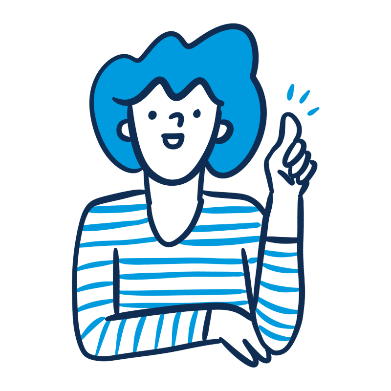 Illustration of a woman with blue hair wearing a striped shirt, smiling and raising her index finger.
