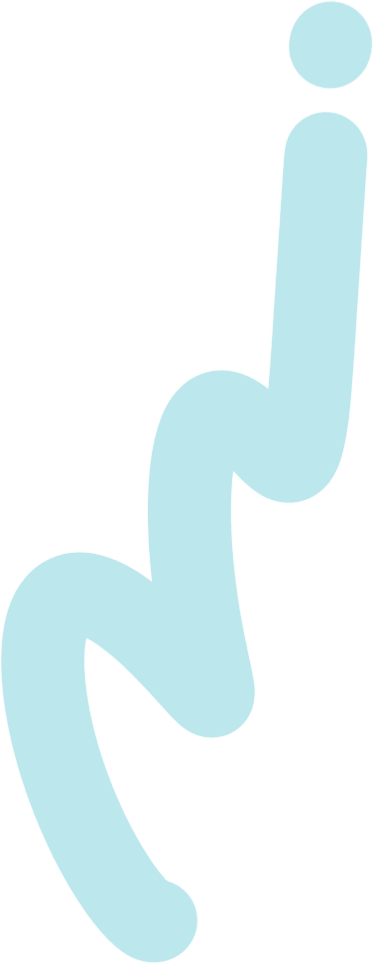 A stylized light blue exclamation mark with a curved shape.