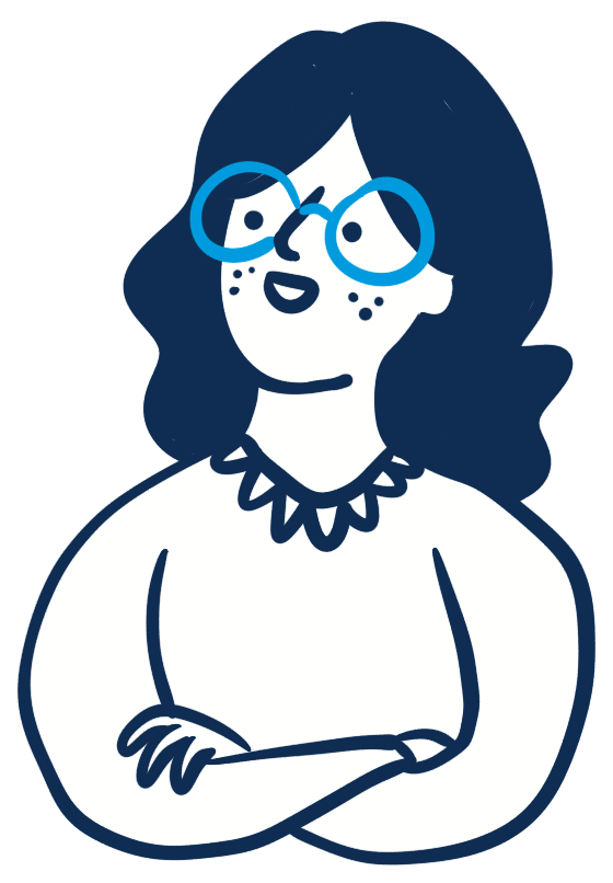 Cartoon illustration of a woman with long dark hair, wearing glasses, a necklace, and a long-sleeve shirt, with her arms crossed.