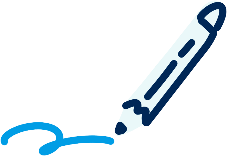 Black and blue illustration of a pen drawing a blue line.