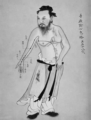 Chinese medicine man with acupuncture points on his body.