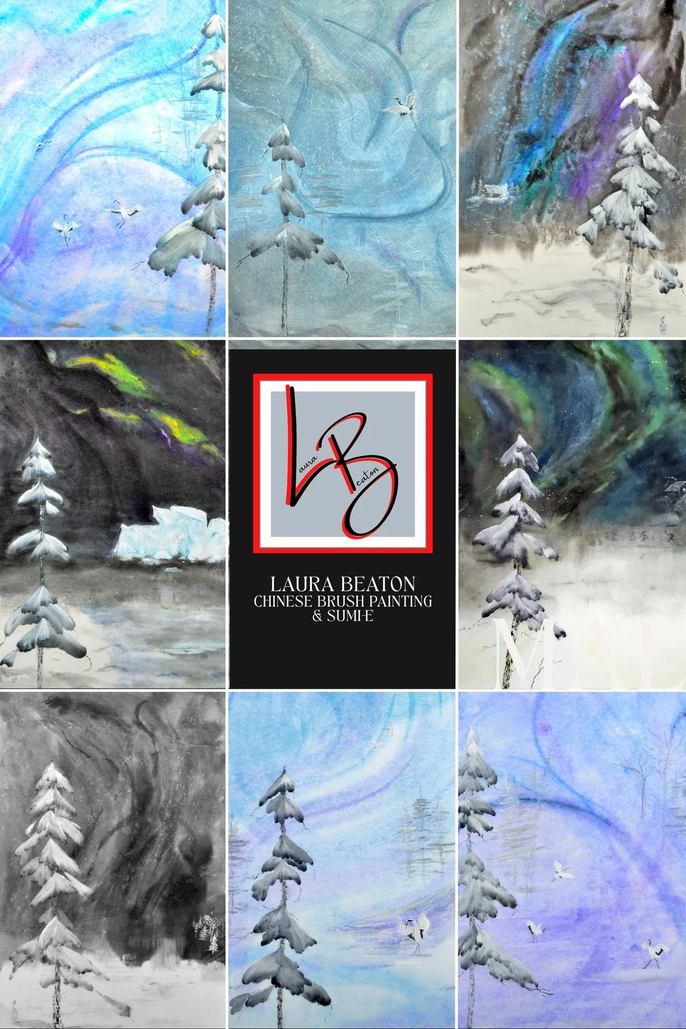 Where to buy Laura Beaton original art. Chinese Brush Painting art by Laura Beaton. This is a collage of several paintings available to purchase through the Donna Child Art Gallery