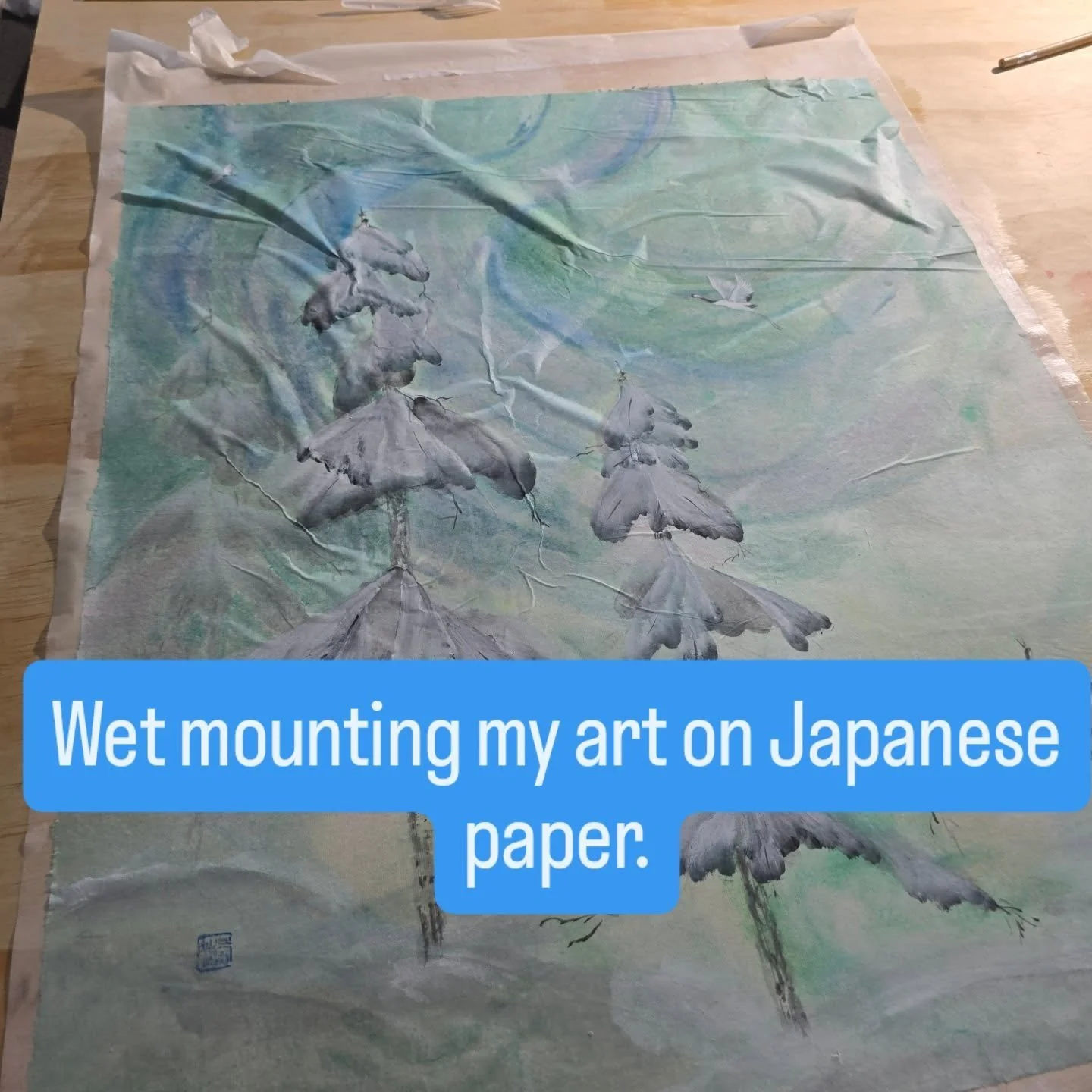 Oh my, the stress of getting my larger pieces of art properly wet mounted so that the paper lies perfectly flat, without air bubbles or wrinkles. This was ultimately fixed and will be for sale at @dcfagallery Nov 1 to Dec 31. 
#sumieartistsofcanada #
