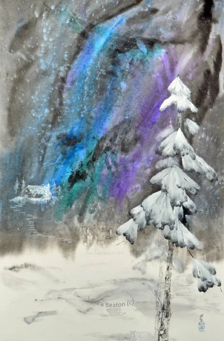 Aurora Borealis, a tall snowy winter tree standing over a snowy white rabbit overlooking a warmly lit log cabin
