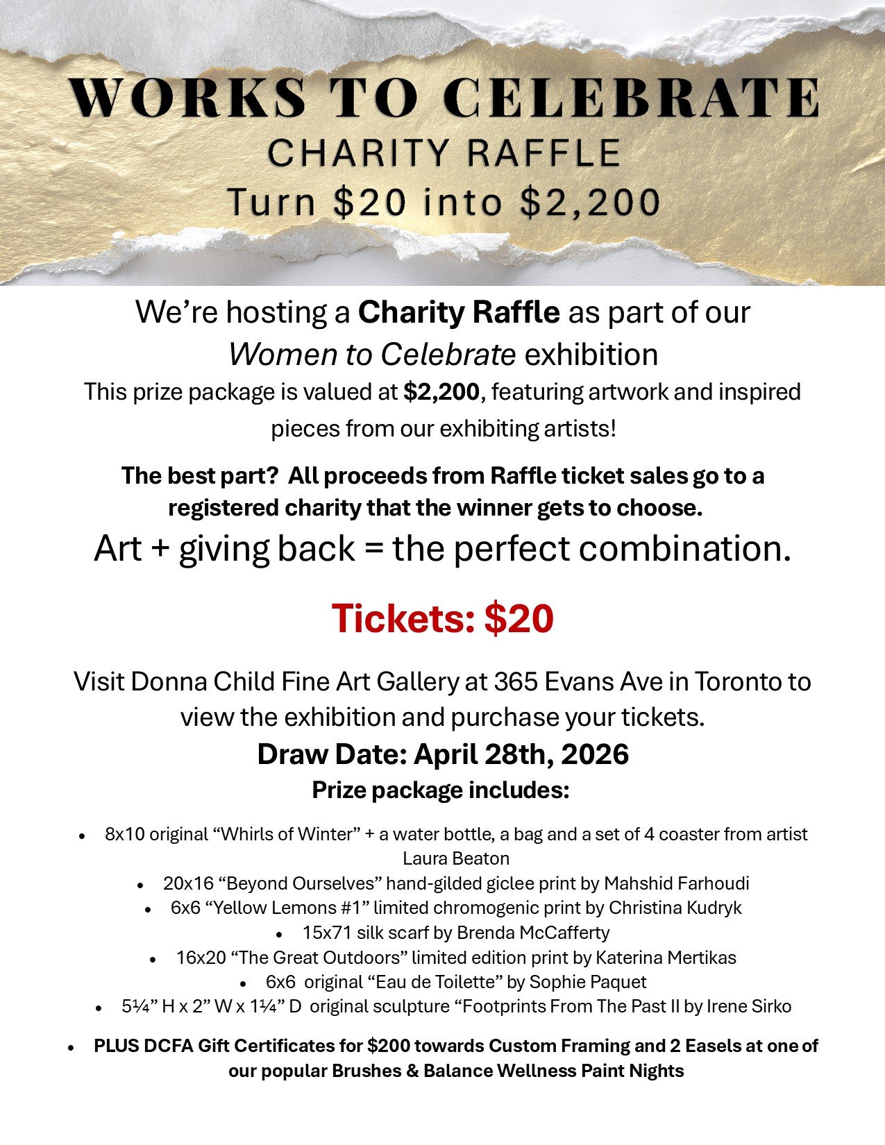 Charity Raffle for Works to Celebrate - Laura Beaton's exhibition at Donna Child Fine Art Gallery at 365 Evans Avenue in Toronto, Ontario Canada