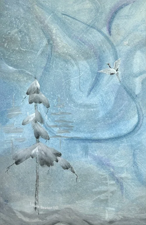 Into the Realm Chinese Brush Painting with Red Crown Cranes flying among snowy winter trees