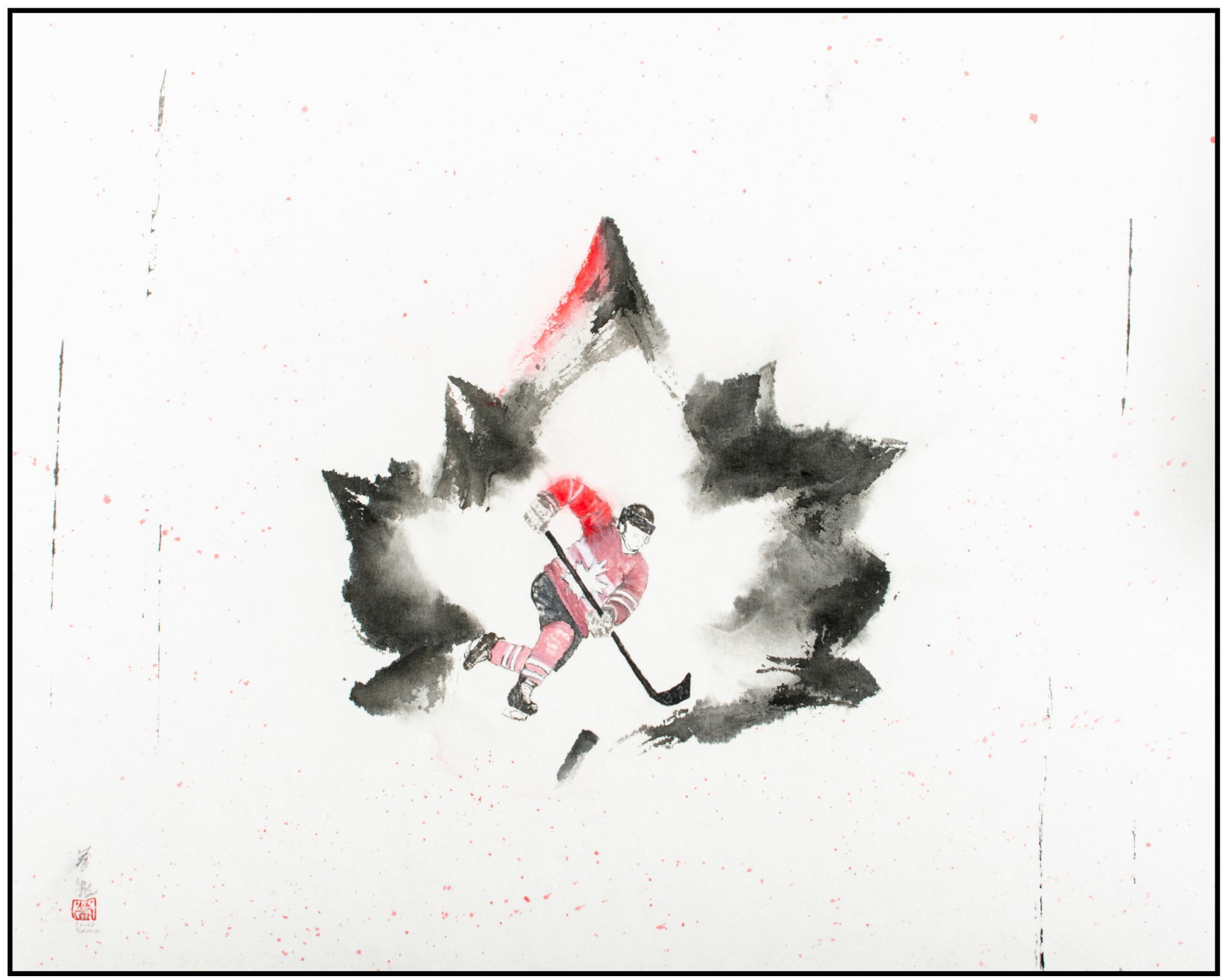 Canadian Hockey Player during 4 Nations Tournament 2025. Chinese Brush Painting by Laura Beaton