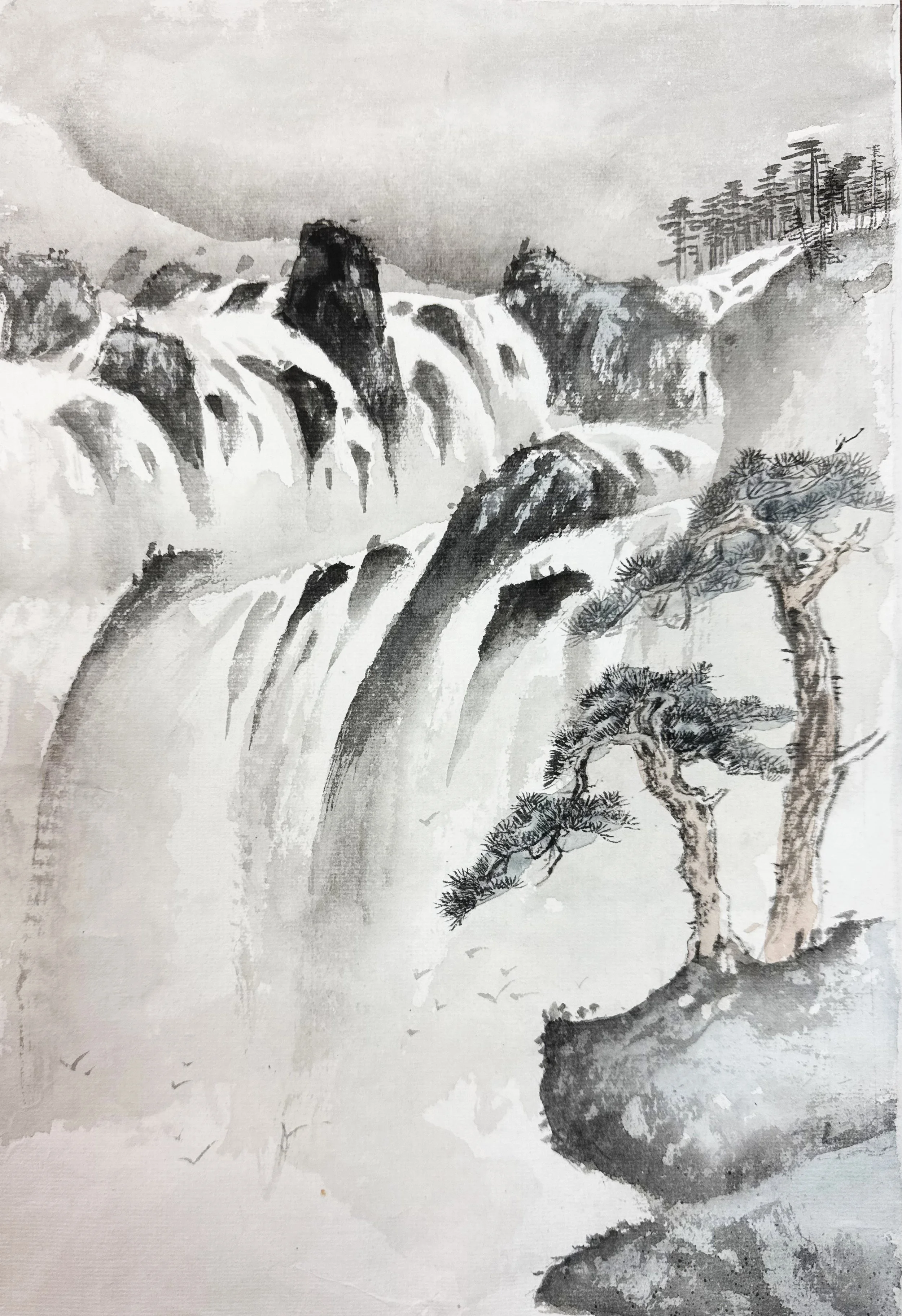 Waterfalls in Chinese Brush Painting spontaneous style image for workshop Dec 05/26 presented by Laura Beaton with Guest Instructor Baoxing Zhang