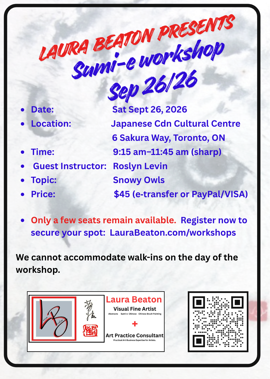 Registration image and info for Sumi-e workshop Sep 26/26 presented by Laura Beaton at the Japanese Canadian Cultural Centre