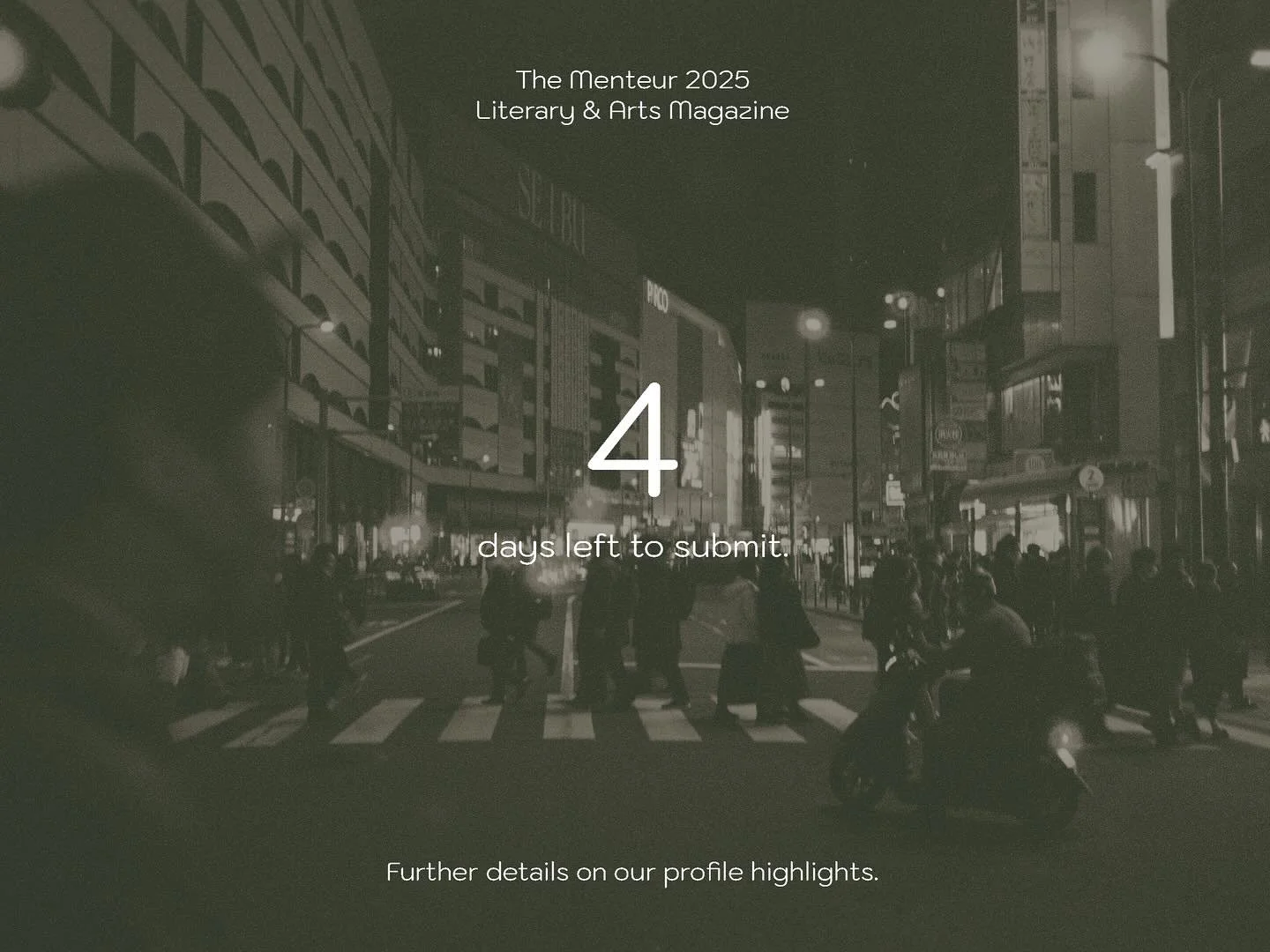 Four more days! Final chances to get your submissions in. Please refer to our profile highlights for details on how to submit.