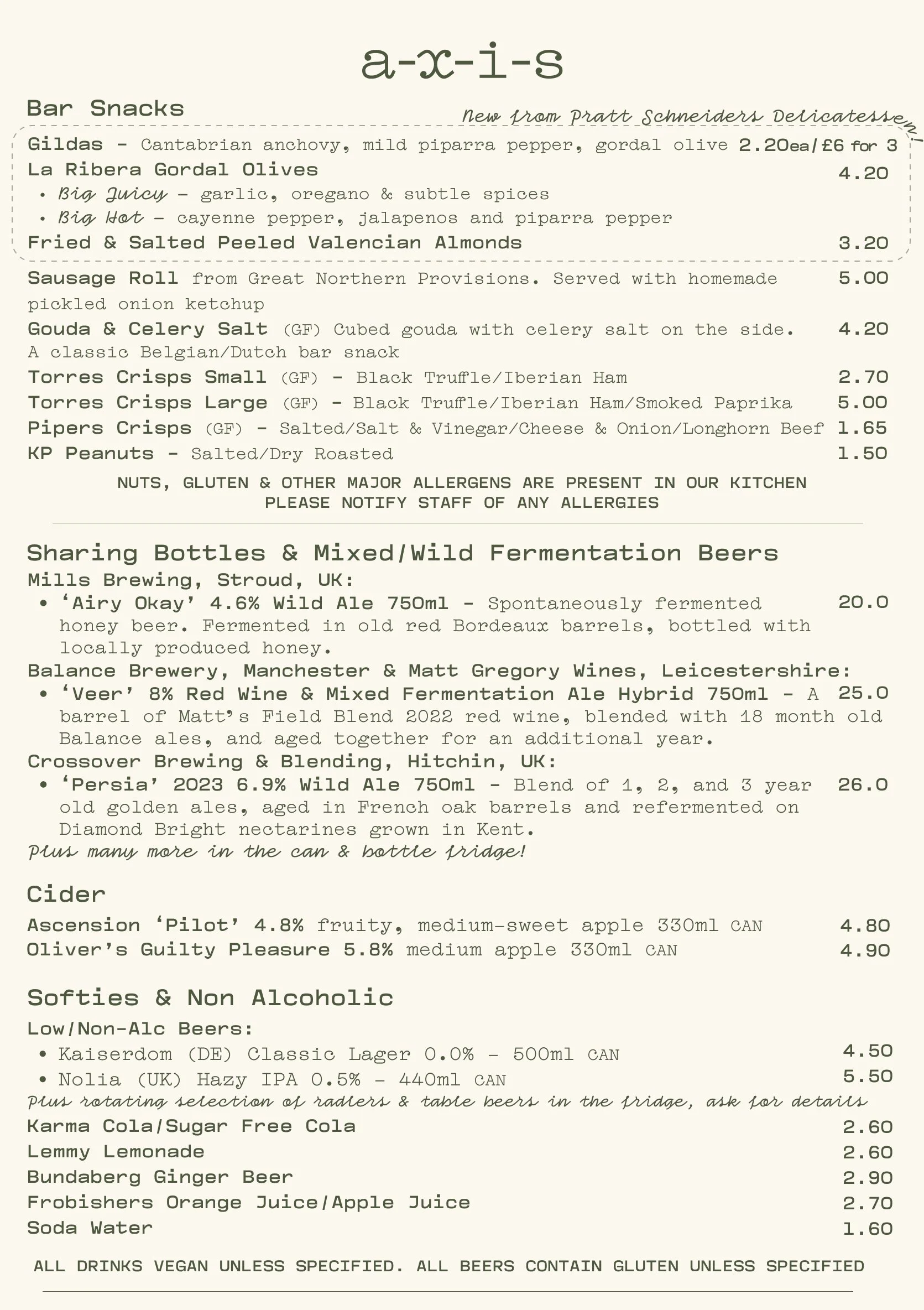 Axis bar and bottleshop natural wine and craft beer menu. Bar snacks including gordal perello olives, Spanish almonds, gilda pintxos, local sausage rolls, Torres crisps black truffle Iberian ham and paprika plus gouda and celery salt