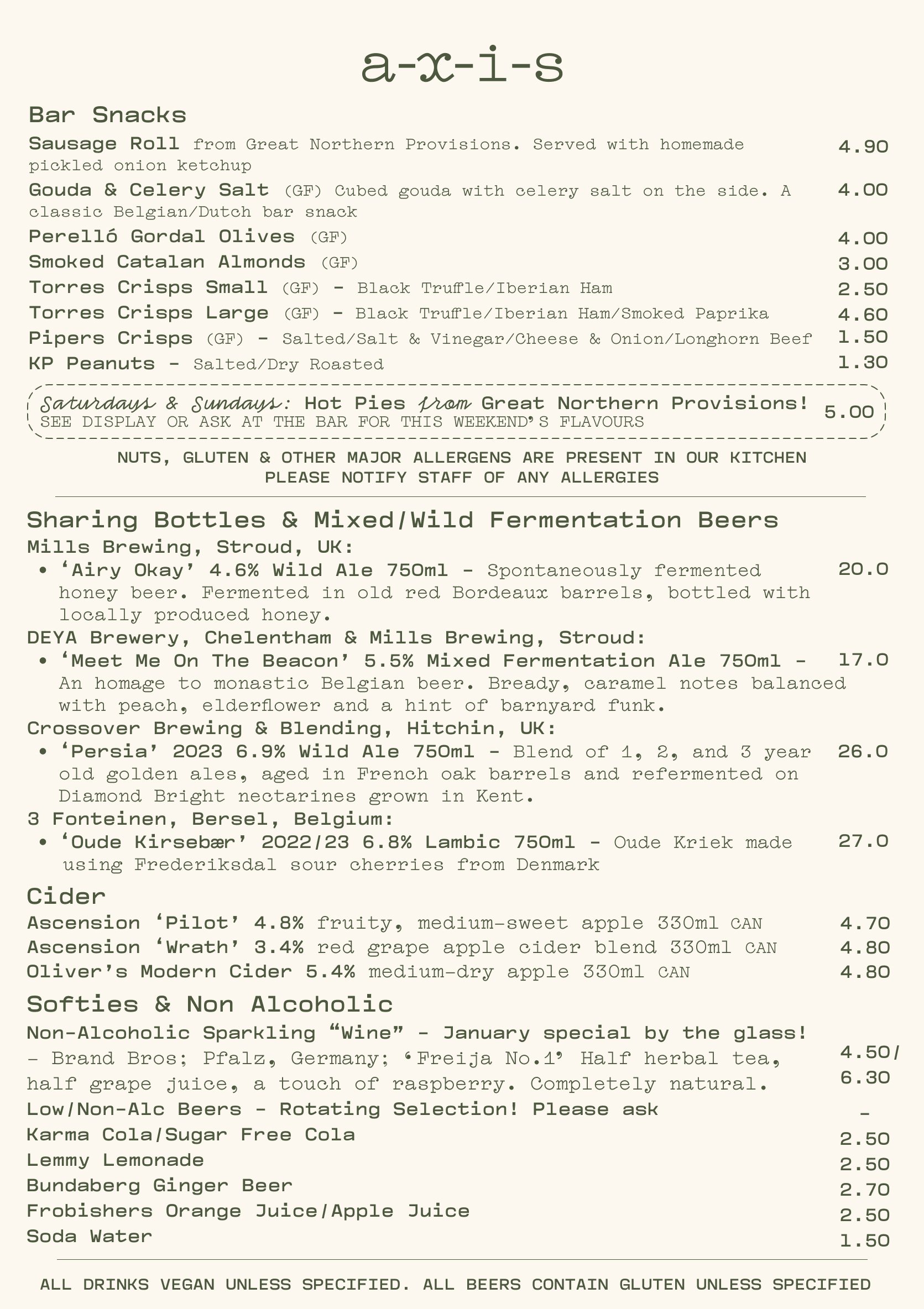 Natural wine, craft beer, local pies, sausage rolls, perello goral olives, gouda and celery salt, Torres crisps truffle