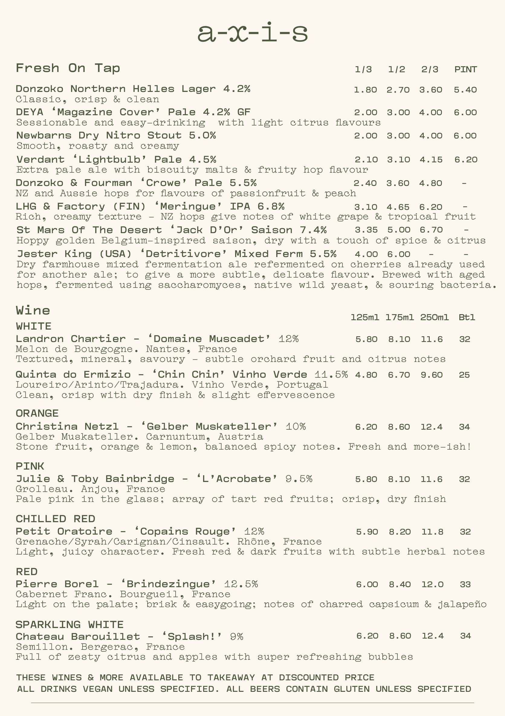 Axis bottleshop and craft beer natural wine bar gateshead Newcastle northumberland north east UK england, drinks list - craft beer on tap, natural wine by the glass including orange wine and pet nat